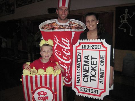 Our movie theater themed costumes 2014! Halloween Costume Themes For Work, Popcorn Halloween Costume, Movie Theater Theme, Ticket Cinema, Popcorn Costume, Food Halloween Costumes, Night Costume, Themed Costumes, Clever Costumes