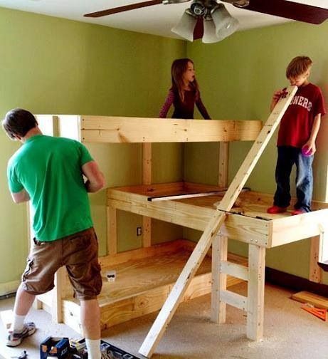 3 story bunk bed idea for my dog and I. Bunk Bed Diy, 3 Bunk Beds, Triple Bunk Beds, Triple Bunk Bed, Triple Bunk, Bunk Beds With Stairs, Space Bedding, Kids Bunk Beds, Bunk House