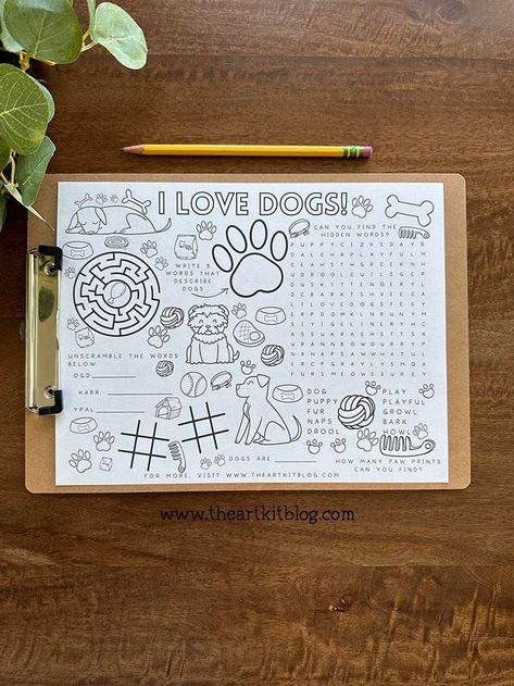 I Love Dogs Placemat Activity Sheet for Kids {FREE PRINTABLE!} Dog Activity, Printable Placemat, Morning Basket, Activity Placemat, Animal Printables, Activity Sheets For Kids, Hidden Words, Educational Activities For Kids, Fun Printables