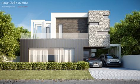 1 Kanal House Front Elevation on Behance 1 Kanal House Plan, Kanal House Plan, Villa Exterior Design, Contemporary House Exterior, Modern Architecture Building, Modern Villa Design, Modern House Facades, Modern Exterior House Designs, Duplex House Design