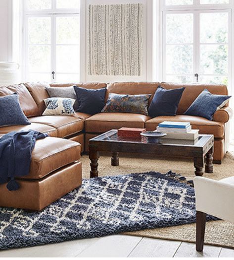 Leather L Couch, Navy Living Room Decor, Navy Sofa Living Room, Blue Accents Living Room, Navy Living Room, Blue Couch Living, L Couch, Brown And Blue Living Room, Tan Living Room