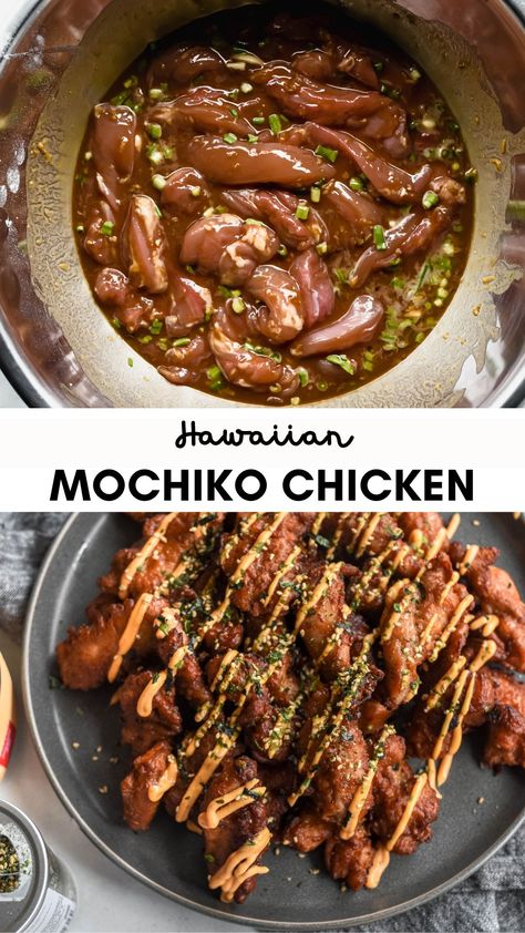 Easy Asian comfort food with BIG flavor: Hawaiian Mochiko Chicken. Crisp fried chicken drizzled with spicy mayo and furikake is always going to be a dinnertime favorite! Molokai Chicken Recipe, Mochiko Chicken Recipe Hawaii, Furikake Chicken Recipe, Mochiko Chicken, Hawaiian Recipes, Chicken Crispy, Sweet Cooking, Easy Asian, Spicy Mayo