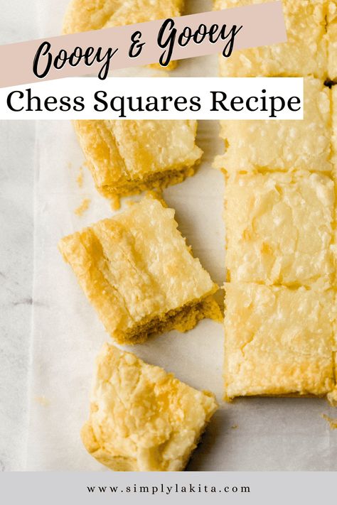 These delicious Chess Squares are a Southern Staple made using 5 basic ingredients including boxed cake mix, cream cheese, butter, eggs, and sugar. So gooey and delicious! simplylakita.com #chessbars #cheesesquares Gluten Free Chess Squares, Cheese Squares Dessert, Chest Squares Recipe, Chess Squares From Scratch, Chess Bars Easy, Chess Cake Recipe Easy, Cream Cheese Squares Yellow Cake Mixes, Chess Squares Easy, Lemon Chess Squares