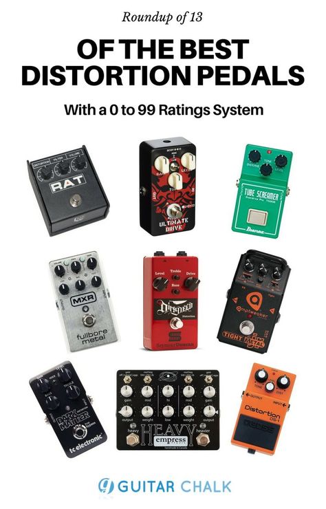 Roundup and rating of 13 of the best distortion pedals for electric guitar players, https://www.guitarchalk.com/best-distortion-pedal/ #guitar #pedalboard #geartalk Pedals Guitar, Guitar Pedal Boards, Online Guitar Lessons, Guitar Posters, Cheap Guitars, Distortion Pedal, Guitar Pedal, Recording Studios, Guitar Players