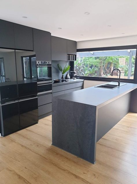 Black Benchtop Kitchen, Stone Island Bench, Black Benchtop, Bali Living, Black Cabinetry, Kitchen Dark, Black Appliances, Black Kitchen Cabinets, Island Bench