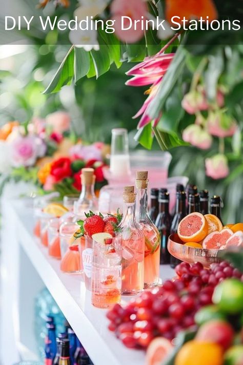 Planning a wedding and want to wet your guests' whistles in style? Look no further than the trend of DIY drink stations! These interactive beverage experiences are taking the wedding world by storm, offering a perfect blend of entertainment and refreshment. Read on to discover how you can raise a glass (or mix one!) to love with these creative ideas. Bar Set Up For Party, Wedding Drink Stations, Party Cocktail Bar, Drink Station Ideas, Boho Event, Summer Party Drink, Side Hussle, Drink Stations, Wedding Drink Station