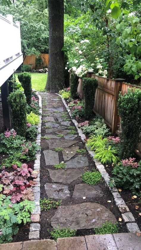 A stepping stone pathway leading to a backyard landscape renovation with colorful plants for shade Shade Landscaping, Shade Garden Design, Narrow Garden, Side Yard Landscaping, Shade Garden Plants, Cottage Garden Design, Backyard Landscape, Garden Design Layout, Lawn And Landscape