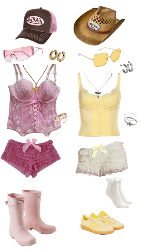 Pink and yellow Matching Festival Outfits, Matching Best Friend Outfits, Best Friend Outfits, Friend Outfits, Pink And Yellow, Summer Festival, Festival Outfit, Festival Outfits, Fitness Inspo