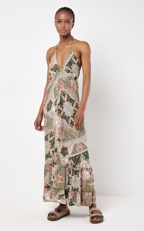 Lightweight and woven, this maxi features a soft satin finish and a timeless scarf print. In a regular fit, it features a halter design with tassel ties at the nape and a plunging v-neckline, plus a ruffle hem. • khaki • scarf print • satin • lightweight, woven • maxi length • regular fit • halter neck with tassel ties • ruffle hem • length: approx. 124cm. Summer, Khaki, bloat-friendly, Tiered Dresses, Garden Party, Satin, Brunch, Ruffle, Style - Boho, Party, Going Out, Floral, Printed, Flowy, S Tiered Dresses, Satin Scarf, Boho Party, Style Boho, Printed Maxi Dress, Scarf Print, Floral Printed, Ruffle Hem, Halter Neck