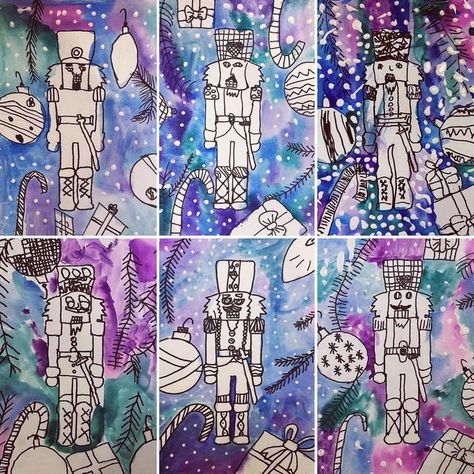 Nutcracker Art Lesson, 7th Grade Christmas Art Projects, Nutcracker Art Projects For Kids, Nutcracker Artwork, Sharpie Painting, Nutcracker Art, Nutcracker Crafts, Spark Art, Group Art Projects