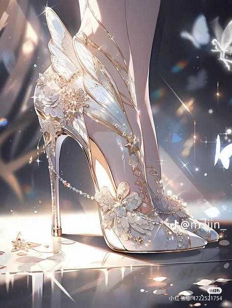 Manhwa Shoes, Fantasy Heels, Fantasy Shoes, Fairytale Shoes, Whimsical Shoes, Magic Shoes, Dreamy Gowns, Fairy Shoes, Dress Design Drawing