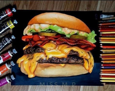 Burger Painting, Burger Drawing, Fruit Art Drawings, Pencil Drawings Of Flowers, Color Pencil Sketch, Prismacolor Art, A Level Art Sketchbook, Watercolor Food, Food Painting