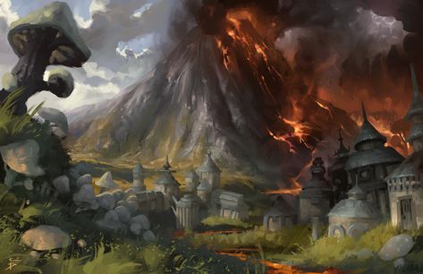 Volcano Village, Wedding Graphics, Elder Scrolls, Fantasy World, Volcano, Dungeons And Dragons, Tell Me, Fantasy Art, Illustrator