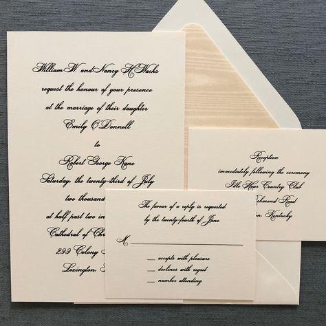 "The \"Traditional Script\" design is one of our most formal and classic invitation suites. Traditionally, this invitation is designed entirely in an elegant script font with the bride and groom's names showcased with additional embellishments. Consider adding a printed or colored envelope liner for the perfect introduction to your wedding! Pictured printed in thermographed (raised) black ink on Classic Crest 110 lb. paper in \"Natural White\". This listing is for a sample of our \"Traditional S Formal Wedding Invitation Suite, Formal Wedding Invite, Plain Wedding Invitations, Thermography Wedding Invitation, Wedding Invitations Classic, Formal Wedding Invitation, Timeless Wedding Invitations, Wedding Invitation Sample, Wedding Invitation Fonts