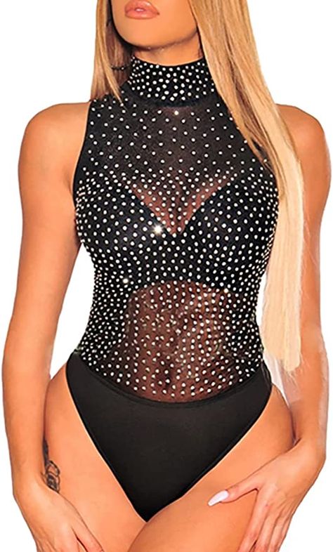 Watershed Outfits, Korsett Outfit, Bejeweled Top, Mesh Turtleneck, Mock Neck Tank Top, Concert Outfit Ideas, Leotard Bodysuit, Bodysuit Tops, Mock Neck Bodysuit