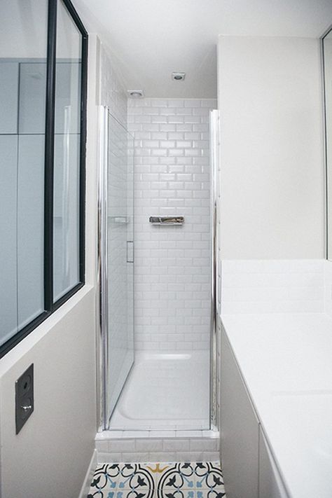 Photo of bathroom with narrow walk-in shower. Small Shower Stalls, Blue Shower Tile, Shower Stalls, Walk In Shower Enclosures, Small Bathroom With Shower, Small Shower, Narrow Bathroom, Small Showers, Steam Showers Bathroom