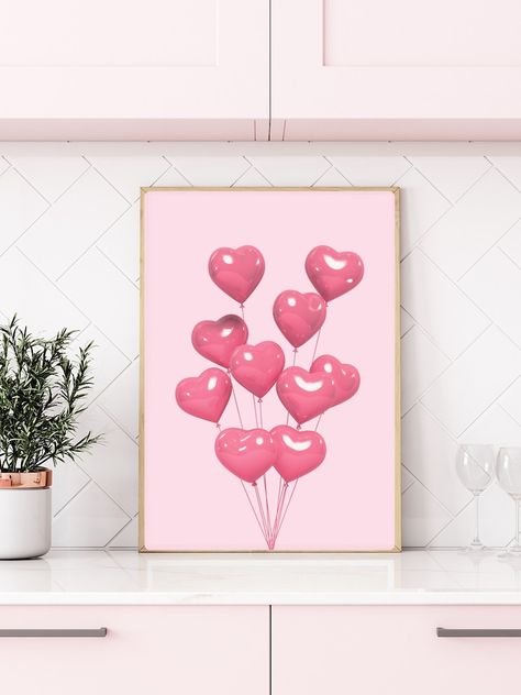 Heart Balloons Print, Girly Dorm Room, Trendy Wall Art for College, Preppy Poster, Y2K Aesthetic Art, Pink Retro, Pink Doll Decor Aesthetic Art Pink, Y2k Aesthetic Art, Preppy Pink Aesthetic, Girly Dorm Room, Girly Dorm, Lucky Art, Y2k Art, Girly Wall Art, Pink Retro