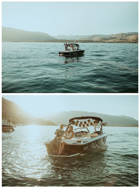 Boat Wedding Ceremony, Maine Lake Wedding, Lake Side Wedding, Lake Wedding Ideas, Lake Wedding Decorations, Boat Just Married, Boat Wedding Reception, Wedding Photo Lake, Lake Chelan Wedding