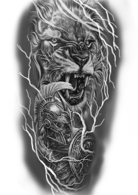 Lion And Spartan Tattoo Design, Lion Spartan Tattoo, Biomechanical Tattoo Arm, All Seeing Eye Tattoo, Gladiator Tattoo, Lion Tattoo Sleeves, Mens Lion Tattoo, Spartan Tattoo, Samurai Tattoo Design