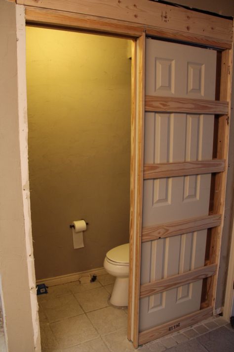 during...Toilet room....so excited about the new pocket door! Toilet Pocket Door, Toilet Room Pocket Door, Small Bathroom With Toilet Closet, Seperate Toilet Room Ideas, Toilet Closet, Door Detail, Toilet Room, Pocket Door, Small Closet