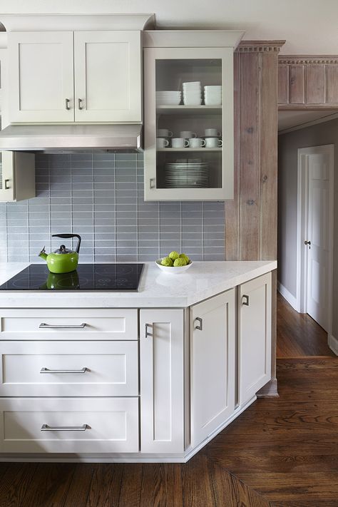 Angled end cabinet eases into passageway. Shown in CliqStudios Dayton cabinet style in Painted Urban Stone gray. Angled End Cabinets In Kitchen, Kitchen Angle Cabinet, Angled Kitchen Cabinets, Angled Cabinets In Kitchen, Wrap Cabinets, Corner Cupboards, Cottage Kitchen Design, Lake Minnetonka, Kitchen Island Decor