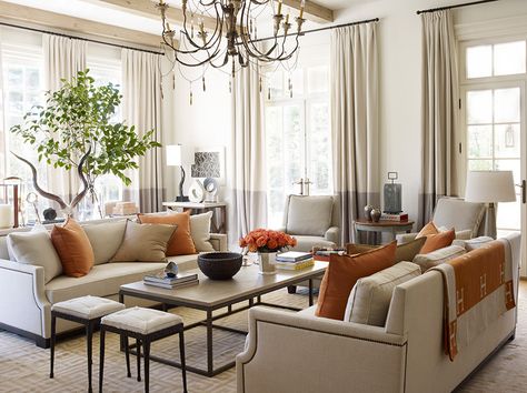 We love the way Suzanne Kasler incorporated accents of warm persimmon in this neutral room to create a sophisticated and inviting space. | From her new book, Timeless Style Formal Living Room Decor, Casa Interior, Furnitur Ruang Keluarga, Suzanne Kasler, Beige Living Rooms, Design Salon, Cubicle, A Living Room, Formal Living Rooms