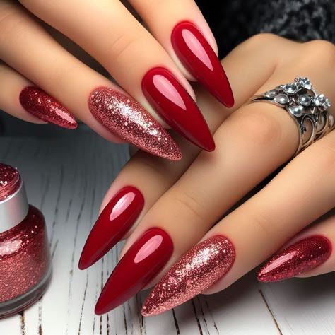 Trending Red Nails, Red And Glitter Nails, Red Fall Nail Designs, Red Sparkle Nails, Ambre Nails, Nails Latina, Bad And Boujee Nails, Boujee Nails, Wife Nails