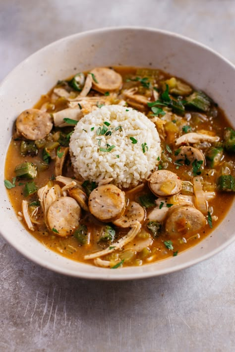 The Defined Dish Whole 30, The Defined Dish Recipes, Healthy Gumbo Recipe, Frozen Okra, Whole 30 Chicken, Chicken And Sausage Gumbo, Roasted Okra, The Defined Dish, Defined Dish