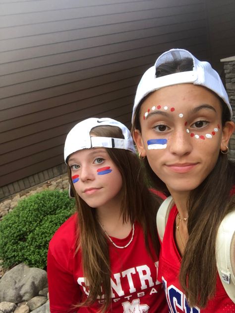 School Dots On Face, Red White And Blue Dots On Face, Spirit Dots Face Paint, Makeup Looks For Football Games, Face Painting For School Spirit Day, Field Day Makeup, Football Dots Face Paint, Sprit Week Face Paint, Face Paint For Volleyball Games