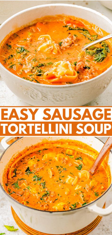 Sausage Tortellini Soup - Indulge in the warmth and coziness of this EASY Italian sausage tortellini soup that's made in one pot and ready in 30 MINUTES! Made with cheesy tortellini, juicy sausage, carrots and kale for extra nutrients, and a rich and creamy tomato sauce broth! This comfort food soup recipe is perfect for chilly weather and you can make it on busy weeknights because it's so QUICK! Comfort Food Soup, Italian Sausage Tortellini, Italian Sausage Tortellini Soup, Cheesy Tortellini, Sausage Tortellini Soup, Tomato Tortellini Soup, Sausage Tortellini, Comfort Soup Recipes, Food Soup