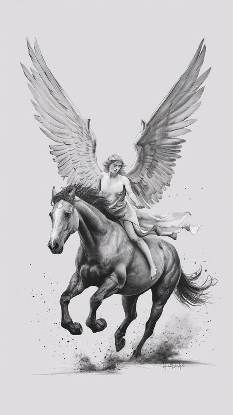 Greek Tattoos, Angel Tattoo, Horse Tattoo, Tattoo Project, Tattoo Art Drawings, Horse Drawings, Black Paint, Pencil Drawings, Drawing Sketches