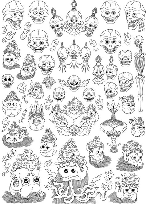 138-Skulls & skull offerings Traditional Japanese Tattoo Flash, Tibetan Tattoo, Tibetan Symbols, Buddhist Iconography, Tibet Art, Buddhist Art Drawing, Polynesian Tattoos, Buddhist Symbols, Geometric Tattoos