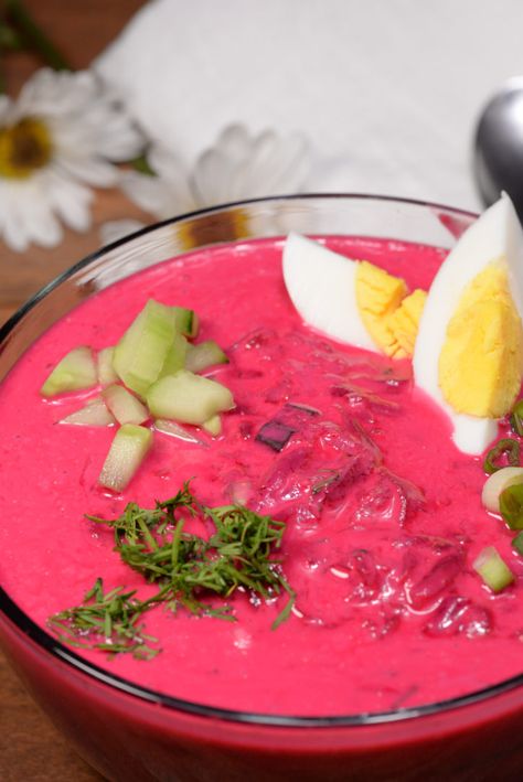 Latvian cold beet soup is loved all over the Baltic States and many other places as well. It is a refreshing soup for a hot summer day.  There are numerous variations to this dish and this one was excellent. The color is a spectacular bright pink.  It is served with a topping of a cut up ... Cold Beet Soup, Beet Soup Recipes, Estonian Food, Lithuanian Recipes, Beetroot Soup, Chilled Soup, Beet Soup, European Cuisine, Soup And Stew