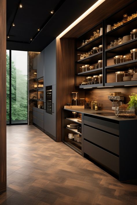 Modern Butler Pantry, Walk In Pantry Design, Titanium Granite, Pantry Design Ideas, Modern Kitchen Design White Natural Wood, Bespoke Kitchen Design, Modern Kitchen Cabinet Design, Living Interior, Kitchen Pantry Design