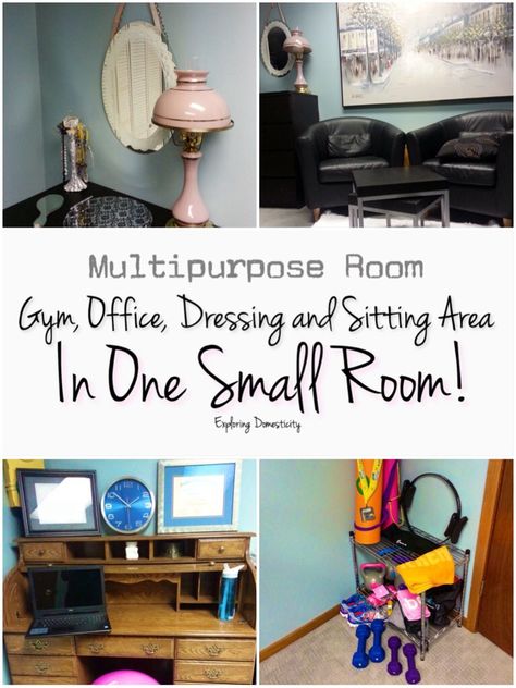 Multipurpose room: gym, office, dressing and sitting area in one small room! Office And Workout Room Combo, Home Workout Area, Home Decor Small Spaces, Decor Small Spaces, Room Workout, Workout Room Decor, Multipurpose Office, Gym Office, Room Gym