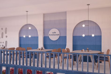 SANTORINI CAFE on Behance Santorini Coffee Shop, Santorini Cafe Design, Santorini Cafe, Boho Living Room Coffee Tables, Coastal Cafe, Greek Cafe, Greek Designs, Mediterranean Interior Design, Blue Cafe