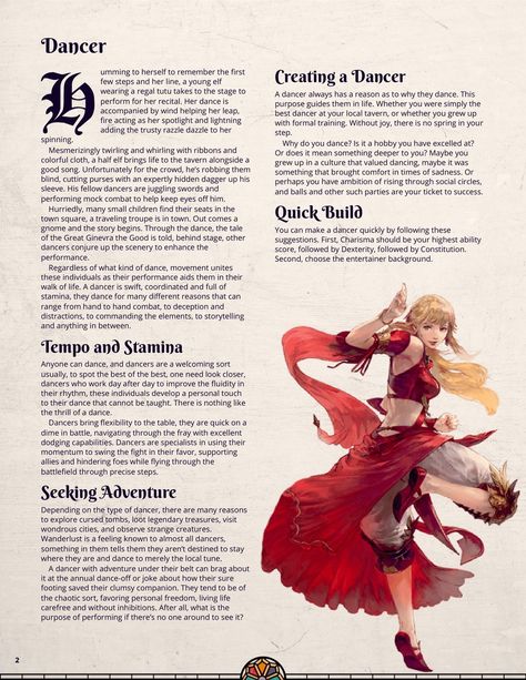 Dnd Dancer, Dnd Patrons, Disney Dnd, 5e Classes, Dnd Subclasses, Homebrew Classes, Dnd Inspiration, Dnd Homebrew, Dnd Campaign