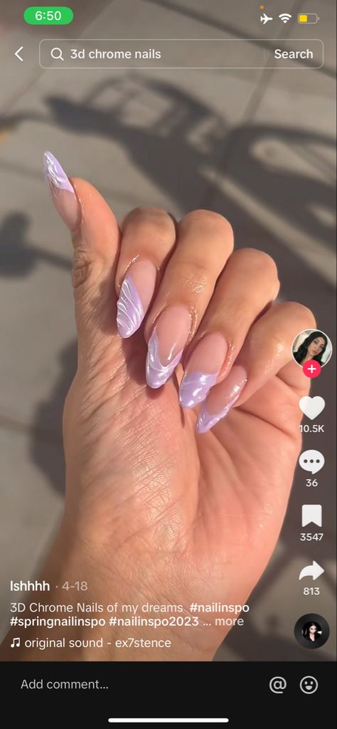 Lilac Nails Acrylic Design, Swirly Chrome Nails, Chrome Wave Nails, Architect Nails, Wet Looking Nails, Swirl Chrome Nails, Trippy Almond Nails, Water Ripple Nails, Squiggly French Tip Nails