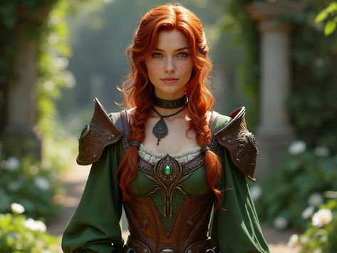 A female character based on the game version of Triss Merigold. She is in the fantasy royal gardens. She wears green and brown fantasy witch light armor. Her hair are red. Full body front view. Fantasy style. Realistic digital photo. Body Front View, Witch Lighting, Light Armor, Triss Merigold, Fantasy Witch, Fantasy Style, Royal Garden, Character Base, Wear Green