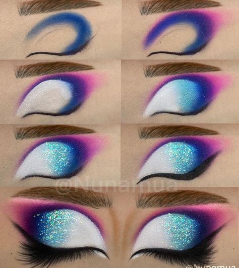 Frost Cn Crawford Fanart, Colorful Eye Makeup Step By Step, Artistic Eye Makeup, Eyeshadow Pictorial, 80s Makeup Trends, Step By Step Eyeshadow, Colorful Eye Makeup Tutorial, Disney Eye Makeup, Crazy Eye Makeup