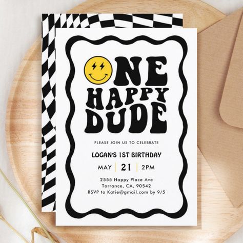 One Happy Dude Smiley Face Boy 1st Birthday Invitation - Birthday Invitation Dude Birthday Party, One Happy Dude Birthday, Dude Birthday, One Happy Dude, Boys 1st Birthday Party Ideas, 1st Birthday Party Themes, 1st Birthday Decorations, 1st Birthday Invitation, First Birthday Party Themes