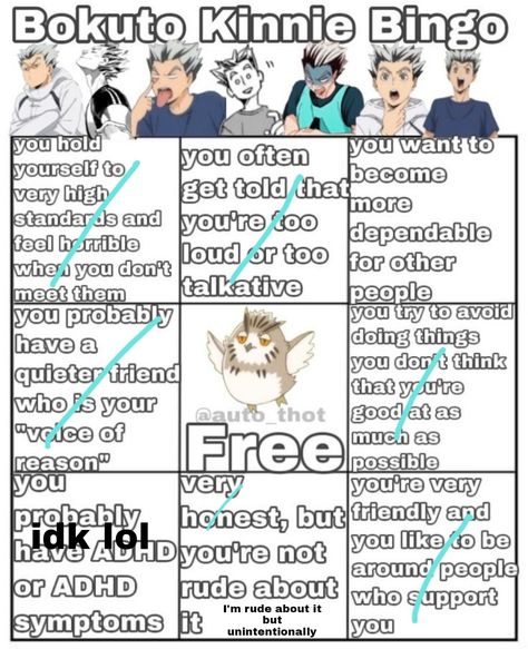 Tc : @auto_thot ( TYSM FOR MAKING THESE TWO COZ I NEVER SEE SUCH TEMPS FOR MY KINS TY) Kin Bingo Haikyuu, Bokuto Kinnie Bingo, Kinnie Bingo Haikyu, Haikyuu Kinnies Bingo, Bokuto Kinnie, Kinnie Check, Kin Bingo, Kinnie List, Kinnie Bingo