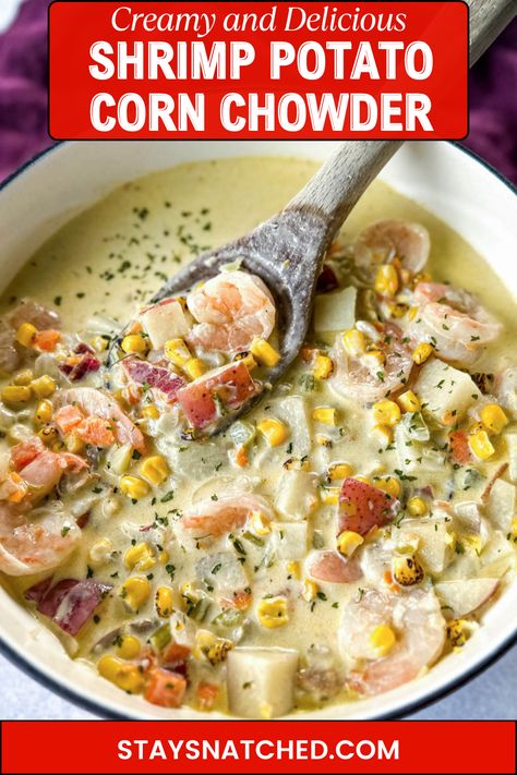 This Creamy Shrimp and Corn Chowder is irresistible comfort food at its finest! This hearty soup is loaded with succulent shrimp, sweet corn kernels, crispy, smoky bacon, and tender chunks of potatoes. The velvety broth pairs wonderfully with the vegetables to bring everything together. Shrimp And Corn Soup, Shrimp And Corn Chowder, Crab And Corn Chowder, Shrimp Corn Chowder, Corn And Potatoes, Corn Bisque, Shrimp And Corn, Shrimp Chowder, Bacon Corn Chowder