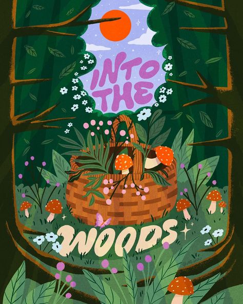 Artwork by Jillian Goeler. Into the woods - lettering and illustration Living With The Land, Watch Backgrounds, Wood Illustration, Fall Shows, Into The Woods, Kids Lighting, Wood Letters, The Land, Book Club Books