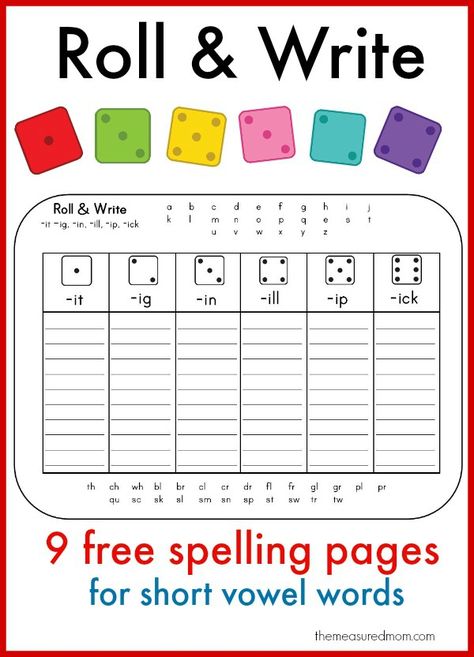 Roll Write for short vowel words Learn to spell short vowel words with these fun printables! Short E And I Activities, Opening Activities, Vowel Activity, Free Phonics Activities, Making Words Activities, Teaching Digraphs, Simple Handwriting, Spelling Games For Kids, Learning To Spell