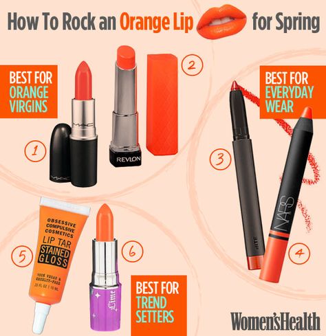 How To Rock an Orange Lip For Spring: http://www.womenshealthmag.com/beauty/orange-lipstick?cm_mmc=Pinterest-_-womenshealth-_-content-beauty-_-oranglip Beauty Skin Care Products, New Nail Colors, Ideas For Nails, Orange Lipstick, Orange Lips, Colors For Dark Skin, Lip Cosmetics, Nails Colors, Health Magazine