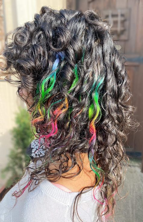 Rainbow Hair Curly Natural, Curly Hair Rainbow Highlights, Rainbow Hair Streaks, Rainbow Streaks In Hair, Rainbow Curly Hair, Curly Rainbow Hair, Rainbow Hair Highlights, Ombre Curly Hair, Hair Stripping