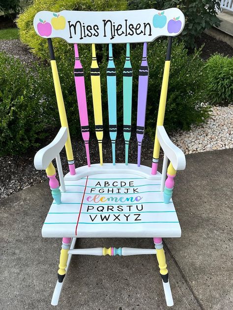 Teacher Rocking Chair Design, Custom Teacher Chair Design, Teacher Chair Design YOU SUPPLY CHAIR Chair Not Included Convo B4 Order - Etsy School Rocking Chair, Painted Teacher Chair Classroom, Rocking Chair Classroom, Rocking Chair Teacher, Classroom Rocking Chair Diy, Classroom Rocking Chair Teachers, Teacher Chairs For Classroom Diy, Teacher Chair Ideas, Teacher Rocking Chair Painted Diy