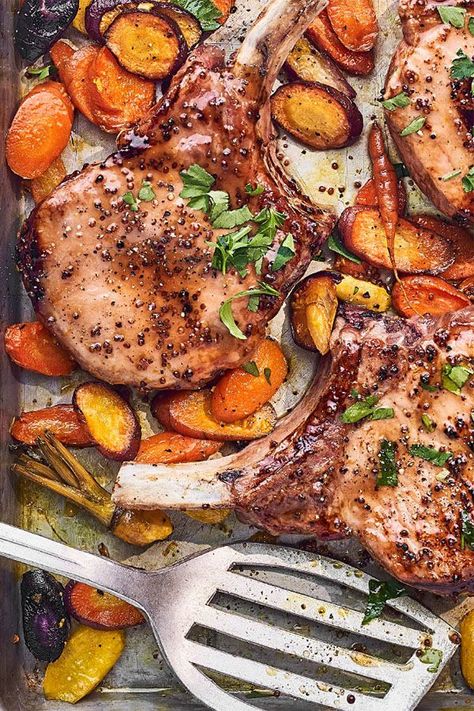 This pork chop recipe incorporates maple syrup, mustard and carrots to create the ultimate weeknight dinner recipe meets comfort food.#comfortfood #weeknightdinners #weeknightdinnerrecipes #weeknightdinnerideas #sheetpanrecipes #porkrecipes #porkchops #porkchoprecipes Pork Chop And Carrots Recipes, Dash Diet Pork Chop Recipes, Clean Eating Pork Recipes, Mustard Pork Chops, Clean Meals, Maple Mustard, Shrimp And Asparagus, Healthy Comfort, Pan Dinners