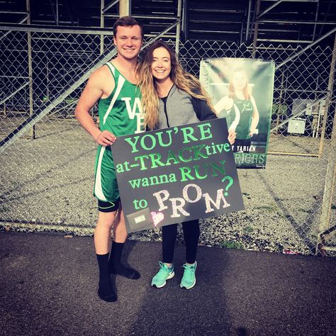 Promposals Track Hoco Poster Ideas, Track Hoco Posters, Farming Promposal Ideas, Running Promposal Ideas, Track And Field Hoco Proposal, Track Promposals, Track Prom Proposal Ideas, Track Themed Promposal, Pole Vault Promposal